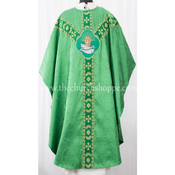 GREEN GOTHIC VESTMENT WITH FIVE LOAVES AND TWO FISH EMBROIDERY