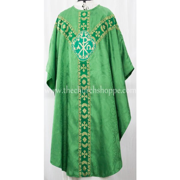 GREEN GOTHIC VESTMENT WITH IHS AND PAX EMBROIDERY