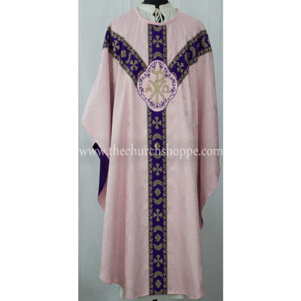 LIGHT ROSE GOTHIC VESTMENT WITH IHS AND PAX EMBROIDERY