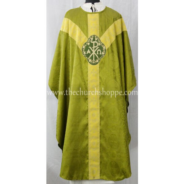OLIVE GREEN GOTHIC VESTMENT WITH IHS AND PAX EMBROIDERY