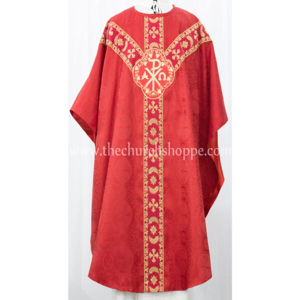 RED GOTHIC VESTMENT WITH IHS AND PAX EMBROIDERY