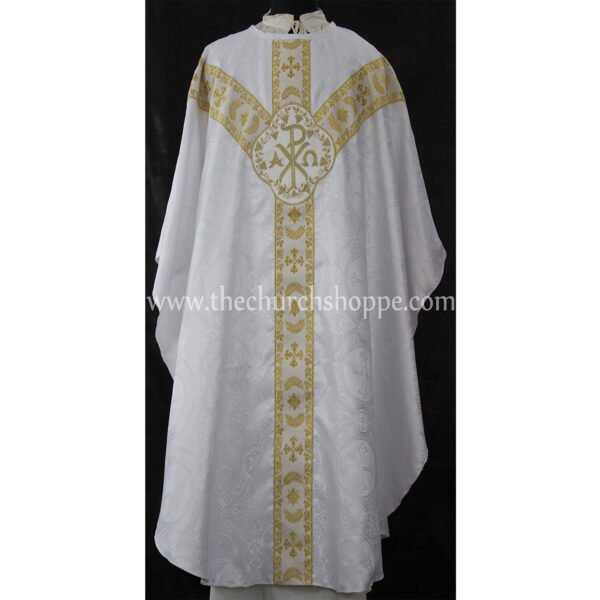 WHITE GOTHIC VESTMENT WITH IHS AND PAX EMBROIDERY