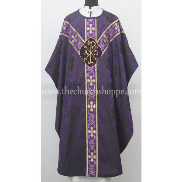 BLACK WITH PURPLE GOTHIC VESTMENT WITH IHS AND PAX EMBROIDERY
