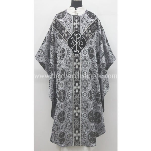 BLACK WITH WHITE GOTHIC VESTMENT WITH IHS AND PAX EMBROIDERY