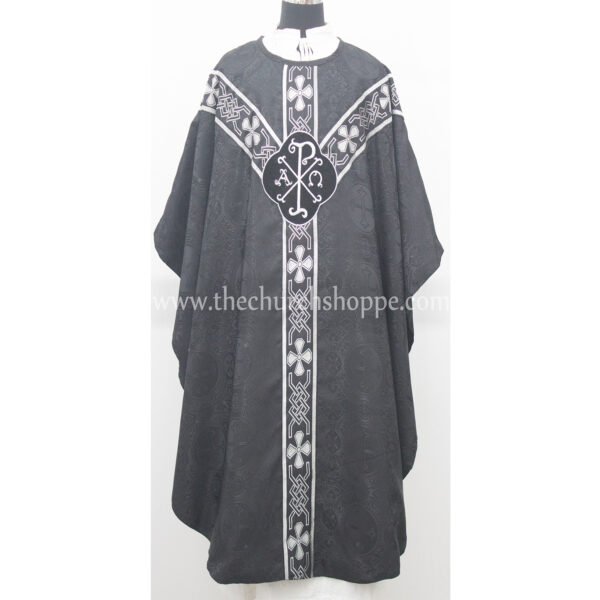 BLACK GOTHIC VESTMENT WITH IHS AND PAX EMBROIDERY
