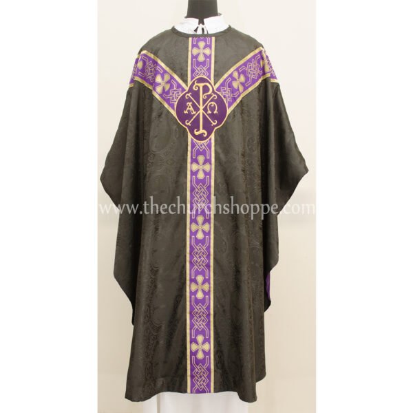 BLACK GOTHIC VESTMENT WITH IHS AND PAX EMBROIDERY
