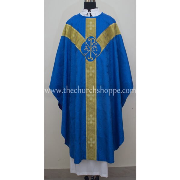 BLUE GOTHIC VESTMENT WITH IHS AND PAX EMBROIDERY