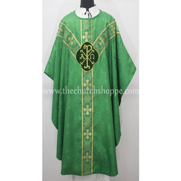 GREEN GOTHIC VESTMENT WITH IHS AND PAX EMBROIDERY