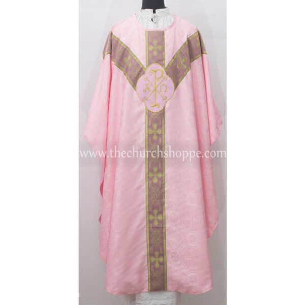 LIGHT ROSE GOTHIC VESTMENT WITH IHS AND PAX EMBROIDERY