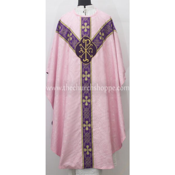 LIGHT ROSE GOTHIC VESTMENT WITH IHS AND PAX EMBROIDERY