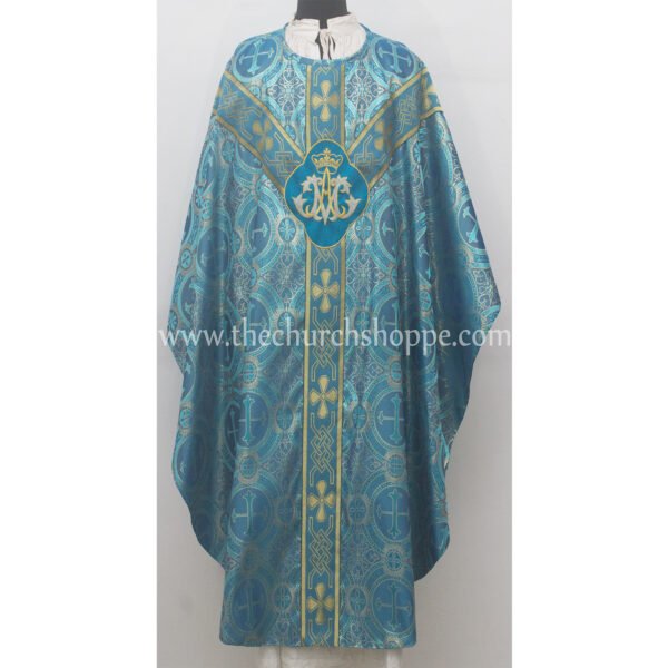 METALLIC MARIAN BLUE GOTHIC VESTMENT WITH AM EMBROIDERY