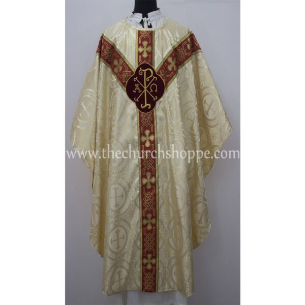 METALLIC GOLD GOTHIC VESTMENT WITH IHS AND PAX EMBROIDERY