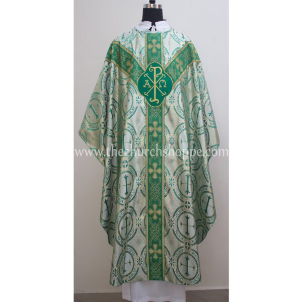 GREEN METALLIC GOTHIC VESTMENT WITH IHS AND PAX EMBROIDERY