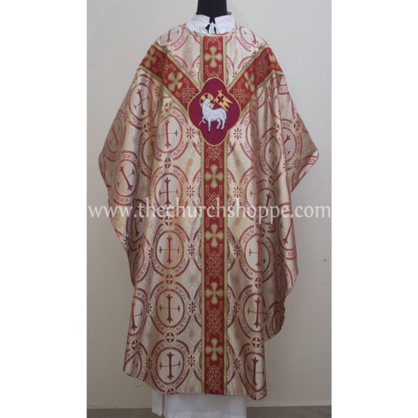 RED METALLIC GOTHIC VESTMENT WITH AGNUS DEI EMBROIDERY