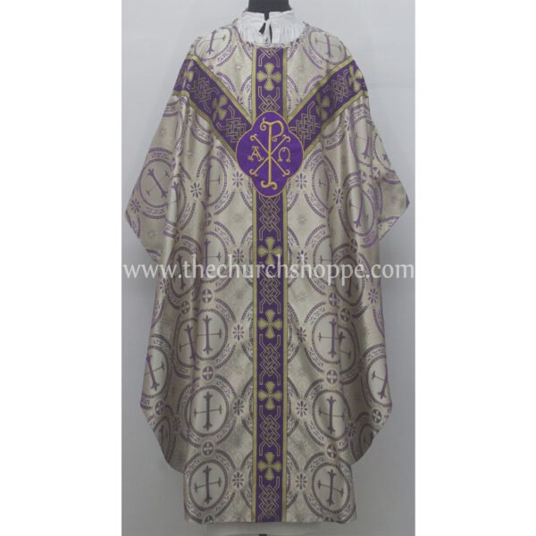 PURPLE METALLIC GOTHIC VESTMENT WITH IHS AND PAX EMBROIDERY