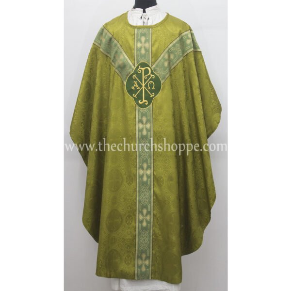 OLIVE GREEN GOTHIC VESTMENT WITH IHS AND PAX EMBROIDERY