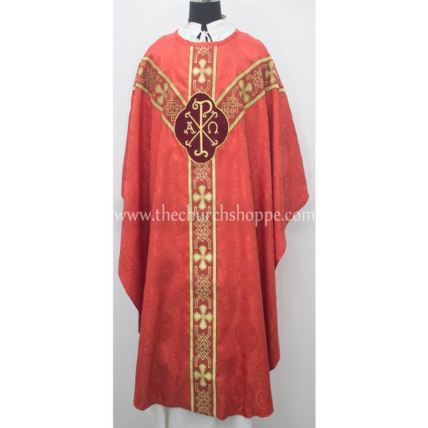 RED GOTHIC VESTMENT WITH IHS AND PAX EMBROIDERY