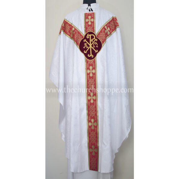 WHITE GOTHIC VESTMENT WITH IHS AND PAX EMBROIDERY