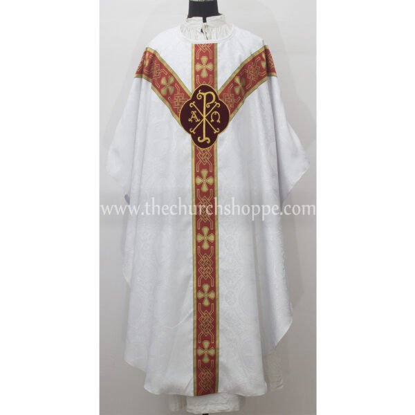 WHITE GOTHIC VESTMENT WITH IHS AND PAX EMBROIDERY