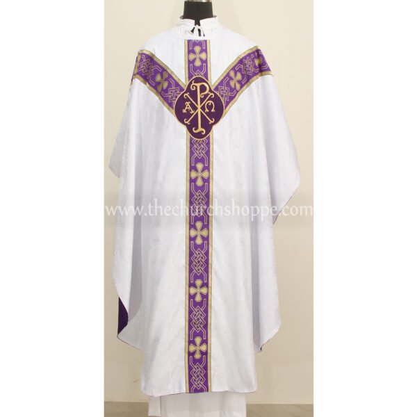 WHITE GOTHIC VESTMENT WITH IHS AND PAX EMBROIDERY