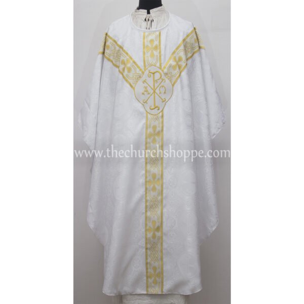 WHITE GOTHIC VESTMENT WITH IHS AND PAX EMBROIDERY
