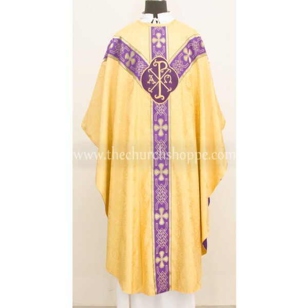 YELLOW GOTHIC VESTMENT WITH IHS AND PAX EMBROIDERY