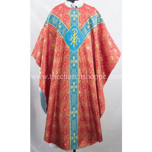 METALLIC RED GOTHIC VESTMENT WITH IHS AND PAX EMBROIDERY