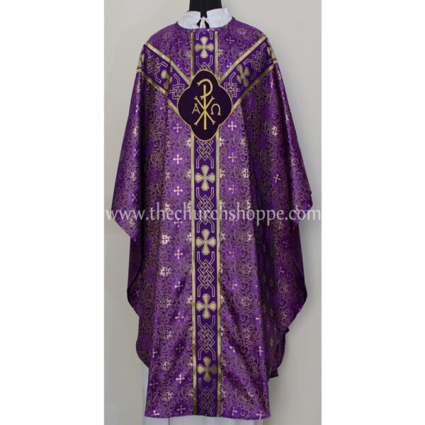 METALLIC PURPLE GOTHIC VESTMENT WITH IHS AND PAX EMBROIDERY