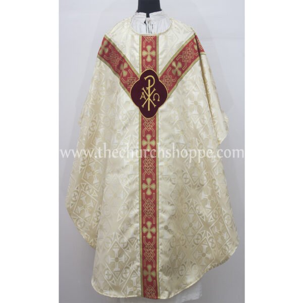 METALLIC GOLD GOTHIC VESTMENT WITH IHS AND PAX EMBROIDERY