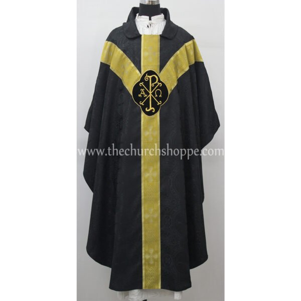 BLACK GOTHIC VESTMENT WITH IHS AND PAX EMBROIDERY