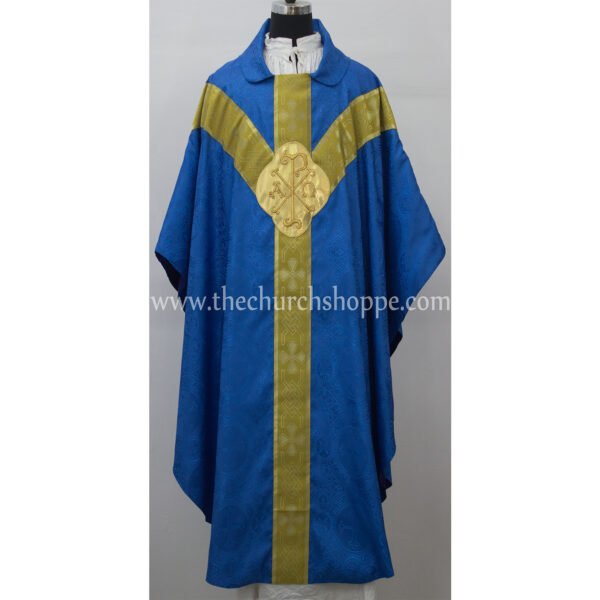 BLUE GOTHIC VESTMENT WITH IHS AND PAX EMBROIDERY