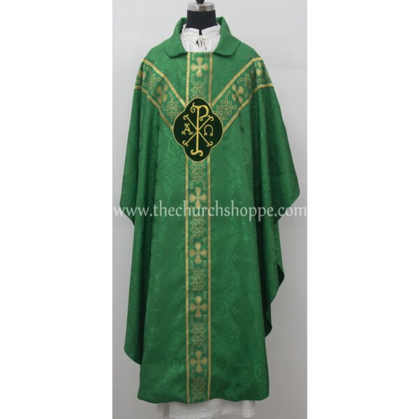 GREEN GOTHIC VESTMENT WITH IHS AND PAX EMBROIDERY