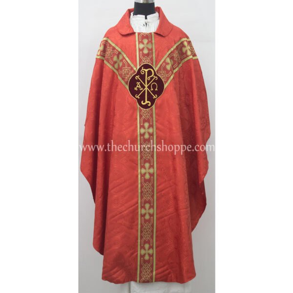 RED GOTHIC VESTMENT WITH IHS AND PAX EMBROIDERY
