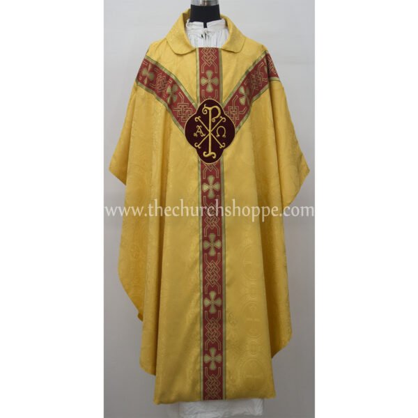 YELLOW GOTHIC VESTMENT WITH IHS AND PAX EMBROIDERY