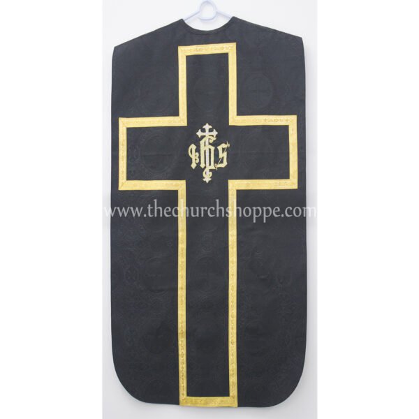 BLACK ROMAN FIDDLEBACK CHASUBLE AND MASS SET WITH IHS EMBROIDERY