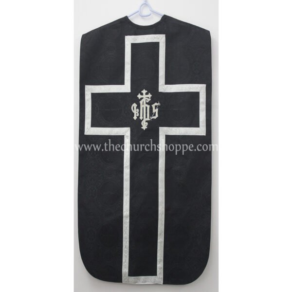 BLACK ROMAN FIDDLEBACK CHASUBLE AND MASS SET WITH IHS EMBROIDERY