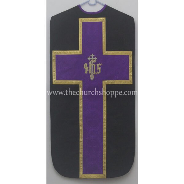 BLACK WITH PURPLE ROMAN FIDDLEBACK CHASUBLE AND MASS SET WITH IHS EMBROIDERY