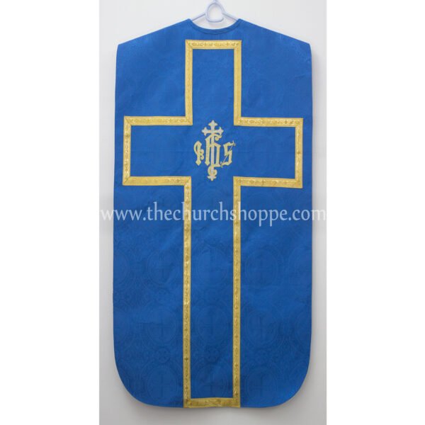 BLUE ROMAN FIDDLEBACK CHASUBLE AND MASS SET WITH IHS EMBROIDERY