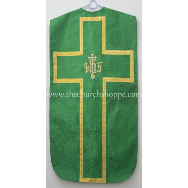 GREEN ROMAN FIDDLEBACK CHASUBLE AND MASS SET WITH IHS EMBROIDERY