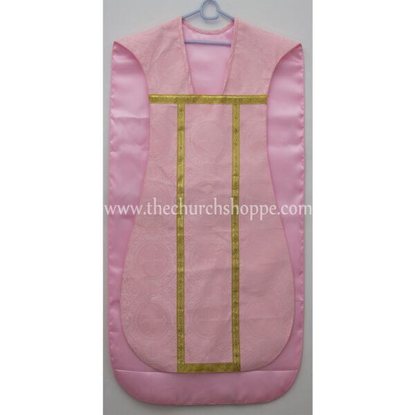 LIGHT ROSE ROMAN FIDDLEBACK CHASUBLE AND MASS SET WITH IHS EMBROIDERY