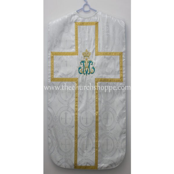 METALLIC SILVER ROMAN FIDDLEBACK CHASUBLE AND MASS SET WITH AM EMBROIDERY