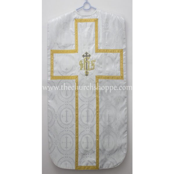 METALLIC SILVER ROMAN FIDDLEBACK CHASUBLE AND MASS SET WITH IHS EMBROIDERY