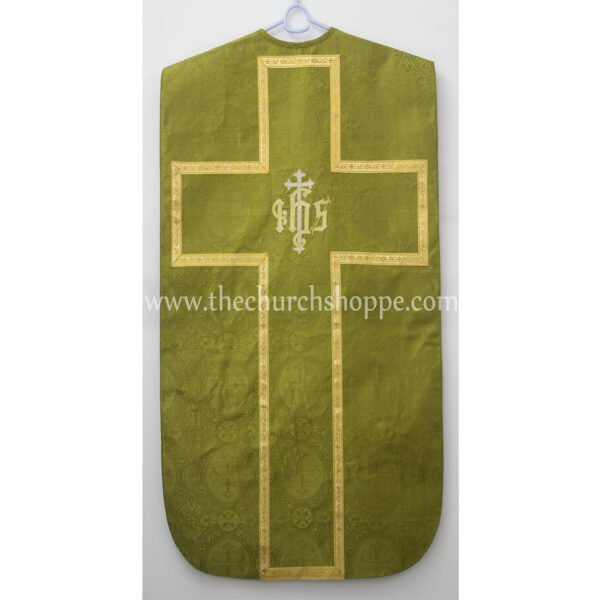 OLIVE GREEN ROMAN FIDDLEBACK CHASUBLE AND MASS SET WITH IHS EMBROIDERY