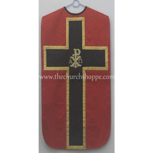 RED WITH BLACK ROMAN FIDDLEBACK CHASUBLE AND MASS SET WITH PAX EMBROIDERY
