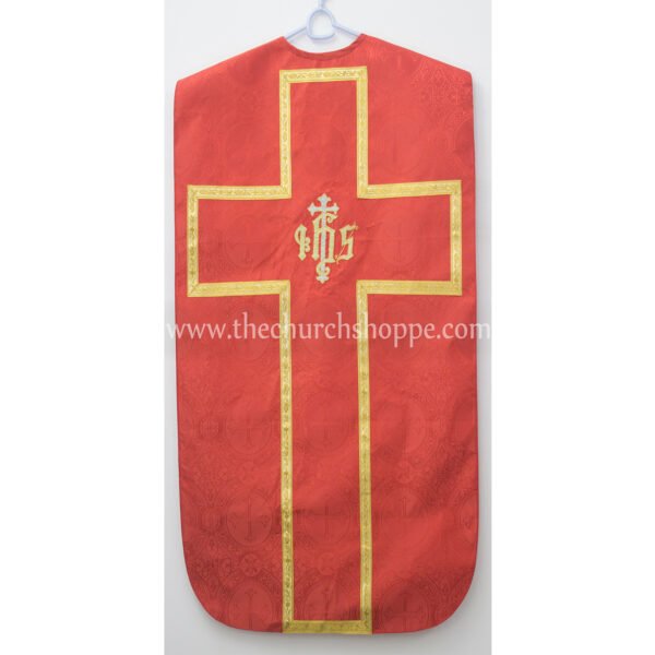 RED ROMAN FIDDLEBACK CHASUBLE AND MASS SET WITH IHS EMBROIDERY