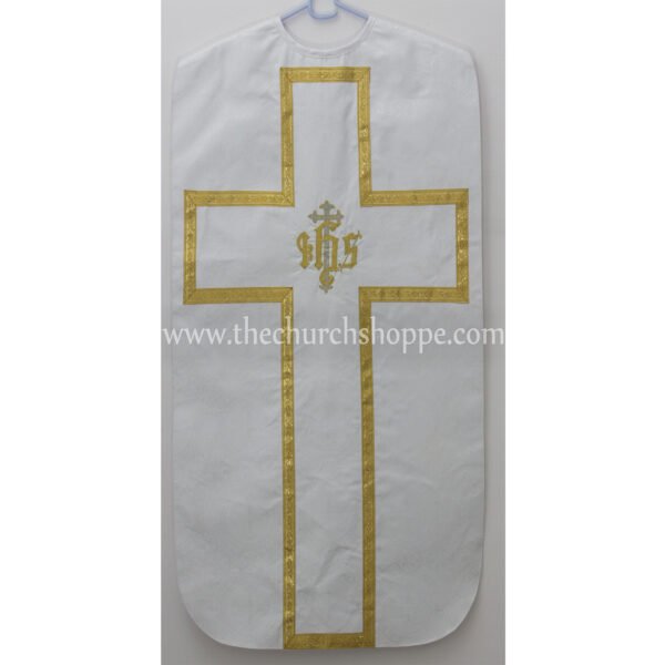 WHITE ROMAN FIDDLEBACK CHASUBLE AND MASS SET WITH IHS EMBROIDERY