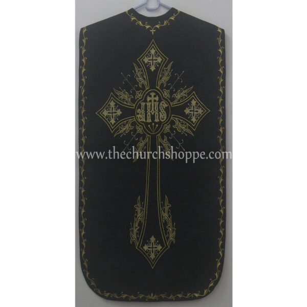 BLACK ROMAN FIDDLEBACK CHASUBLE AND MASS SET WITH IHS EMBROIDERY