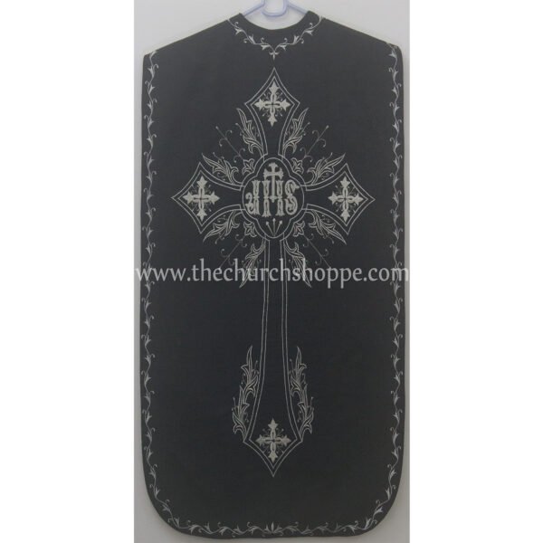 BLACK ROMAN FIDDLEBACK CHASUBLE AND MASS SET WITH IHS EMBROIDERY