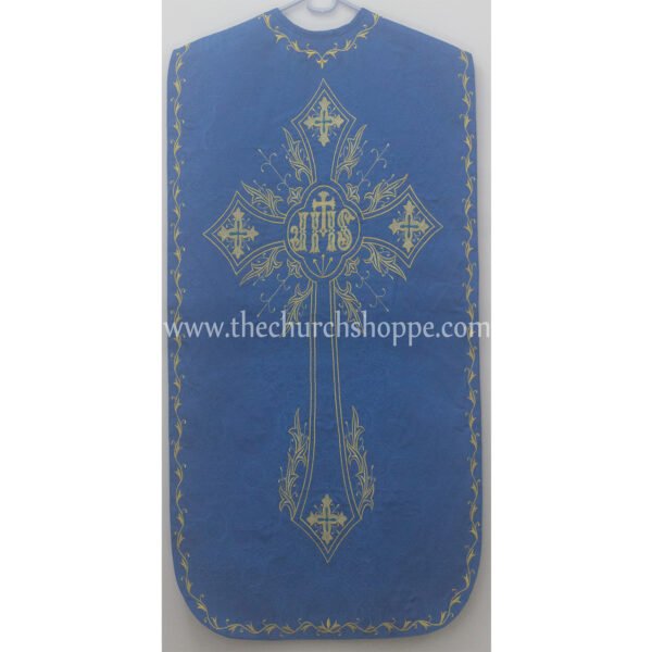 BLUE ROMAN FIDDLEBACK CHASUBLE AND MASS SET WITH IHS EMBROIDERY
