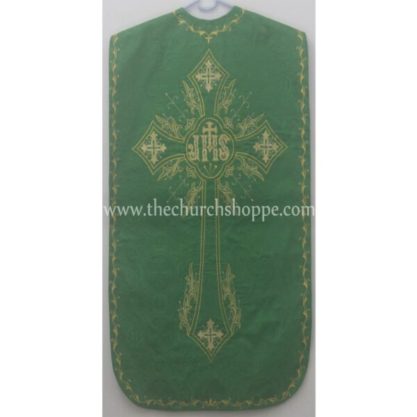 GREEN ROMAN FIDDLEBACK CHASUBLE AND MASS SET WITH IHS EMBROIDERY